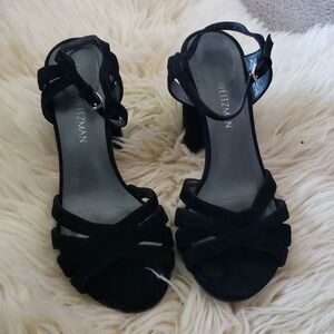 Stuart Weitzman stappy chunky suede leather heel black size 7